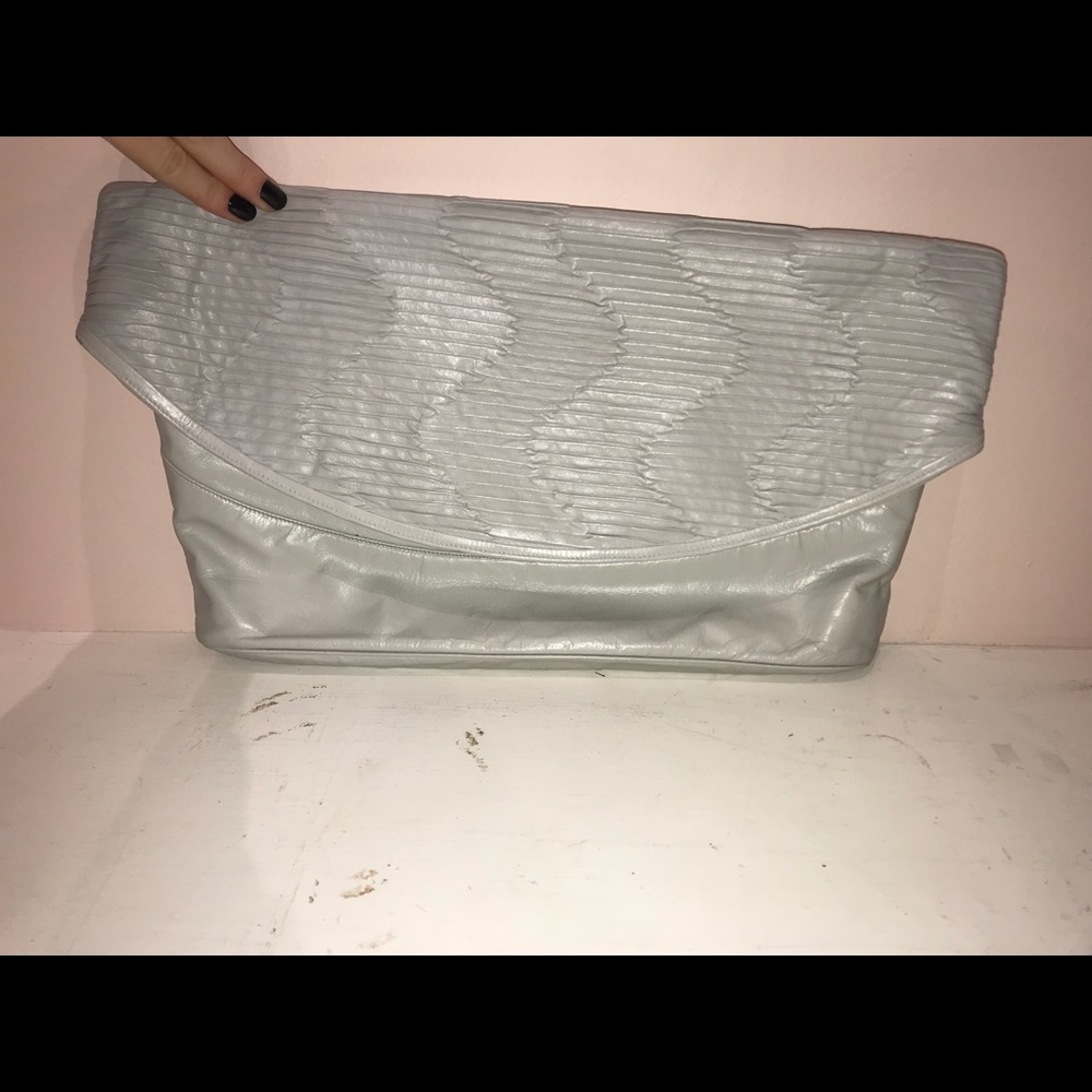 Large grey leather vintage fold over clutch